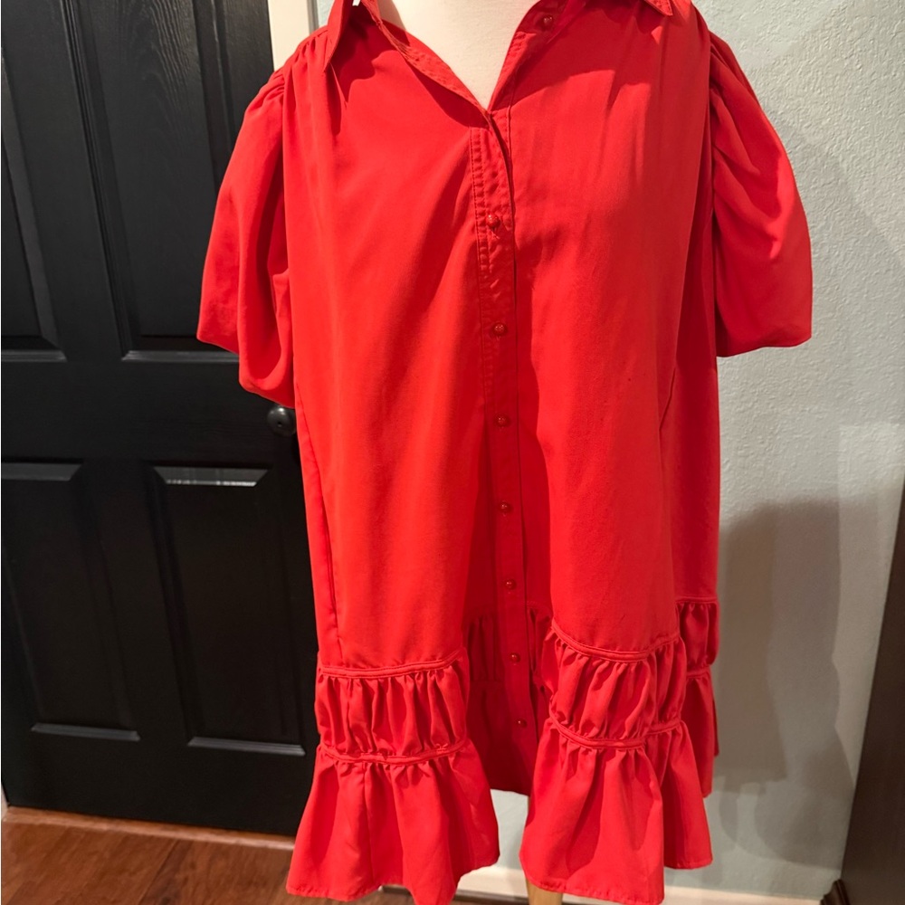 Boutique Red Ruffle Hem Shirt Dress size M